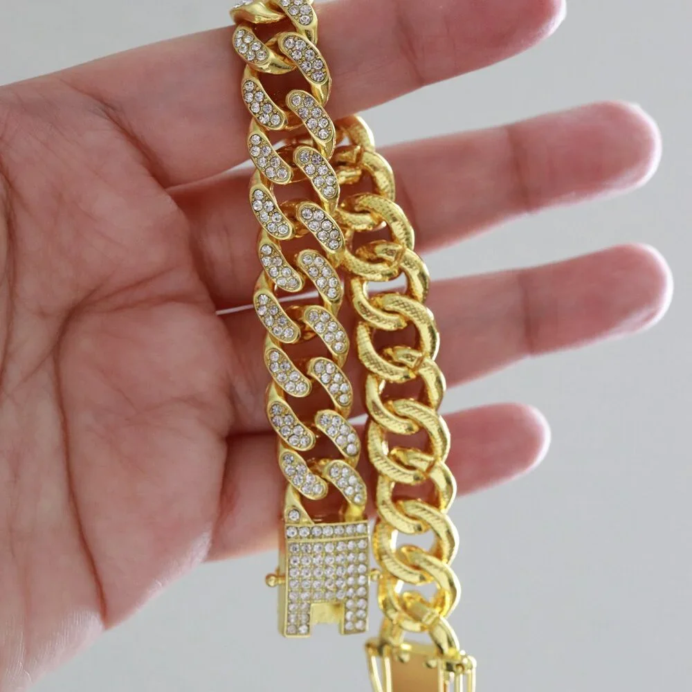 MAYDEAL 12.5MM 8inches Cuban Curb Diamond Chain‎ Gold Plated Bracelet